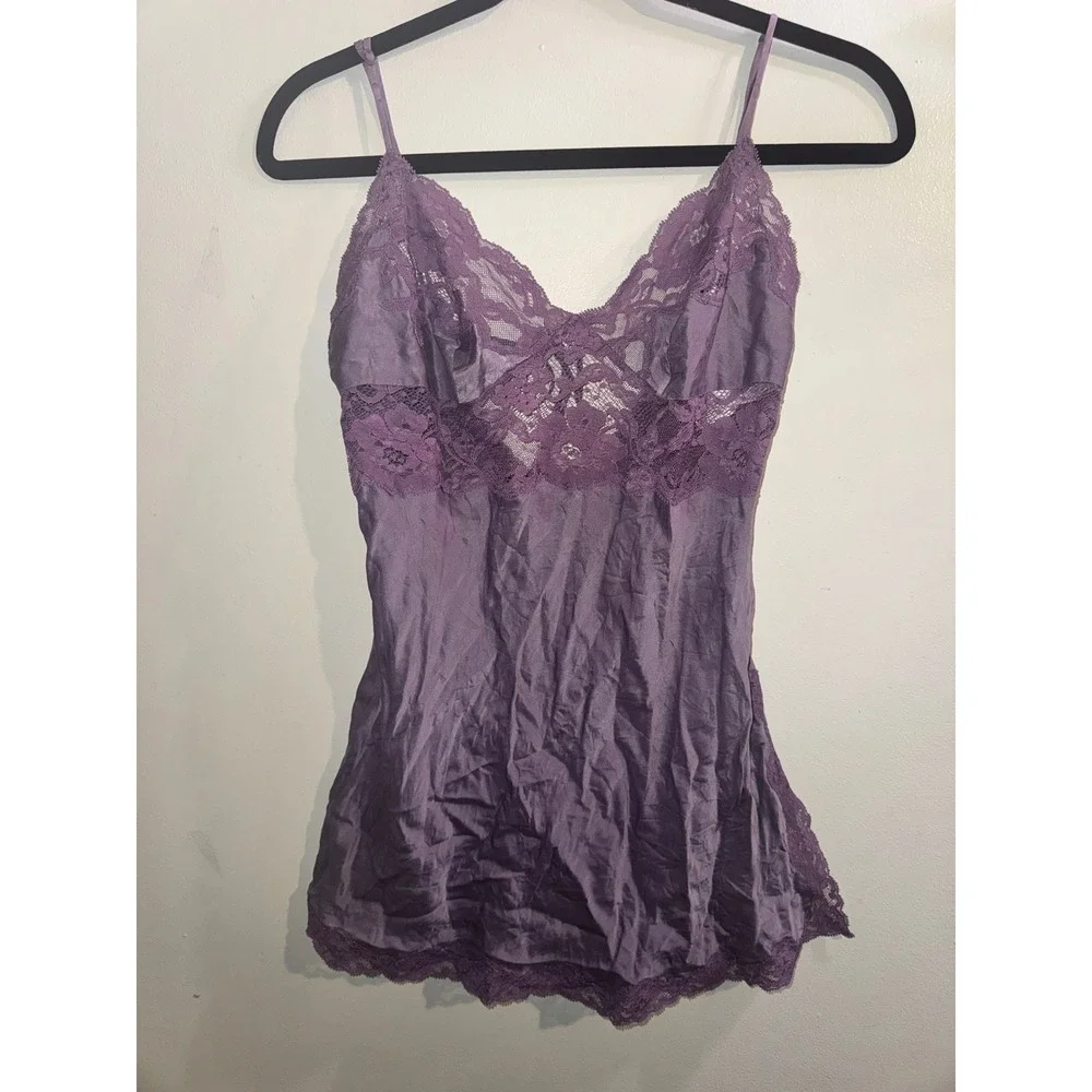 Vtg Y2k Victoria's Secret 100% Silk Lace Trim Purple Slip Babydoll Top XS Fairy - Picture 1 of 9